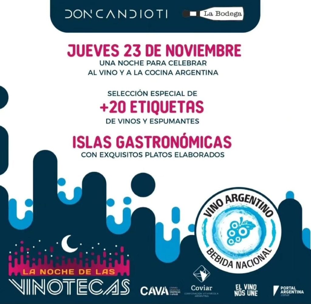 El jueves 23/11 llega “La Noche de las Vinotecas”, Vinoteca La Bodega en Don Candioti