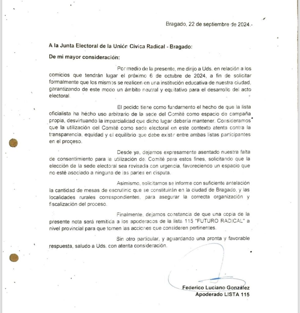Desde Despierta UCR denuncian “que el oficialismo partidario usa el Comité como Bunker de Campaña” y exigen por ese motivo que la Junta Electoral cambie esa sede de votación