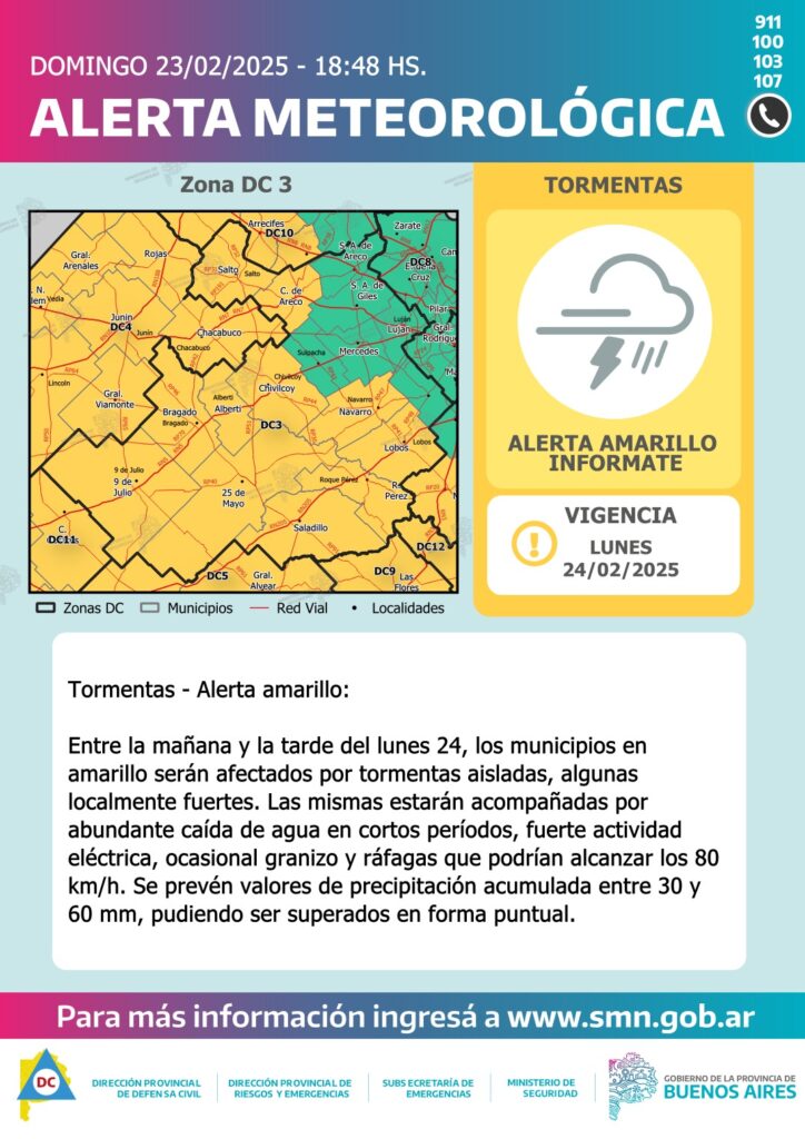 Descripción de alerta amarilla por tormentas PBA - Lunes 24/02