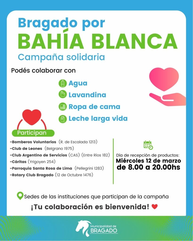 El municipio e instituciones locales anunciaron la campaña Bragado por Bahía Blanca